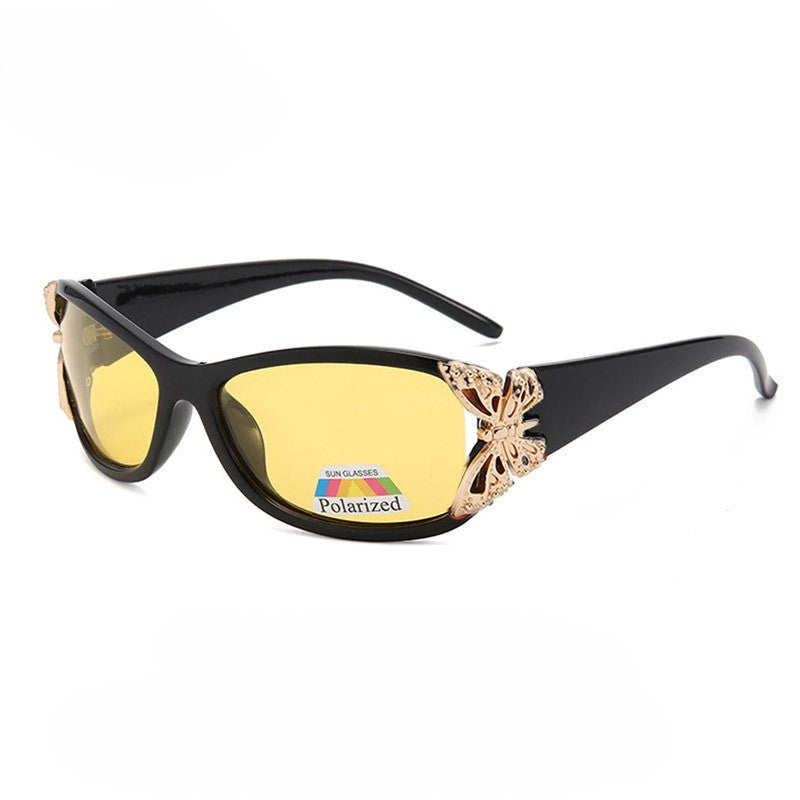 Floral Metal Trim Wrap Sunglasses - BLACK