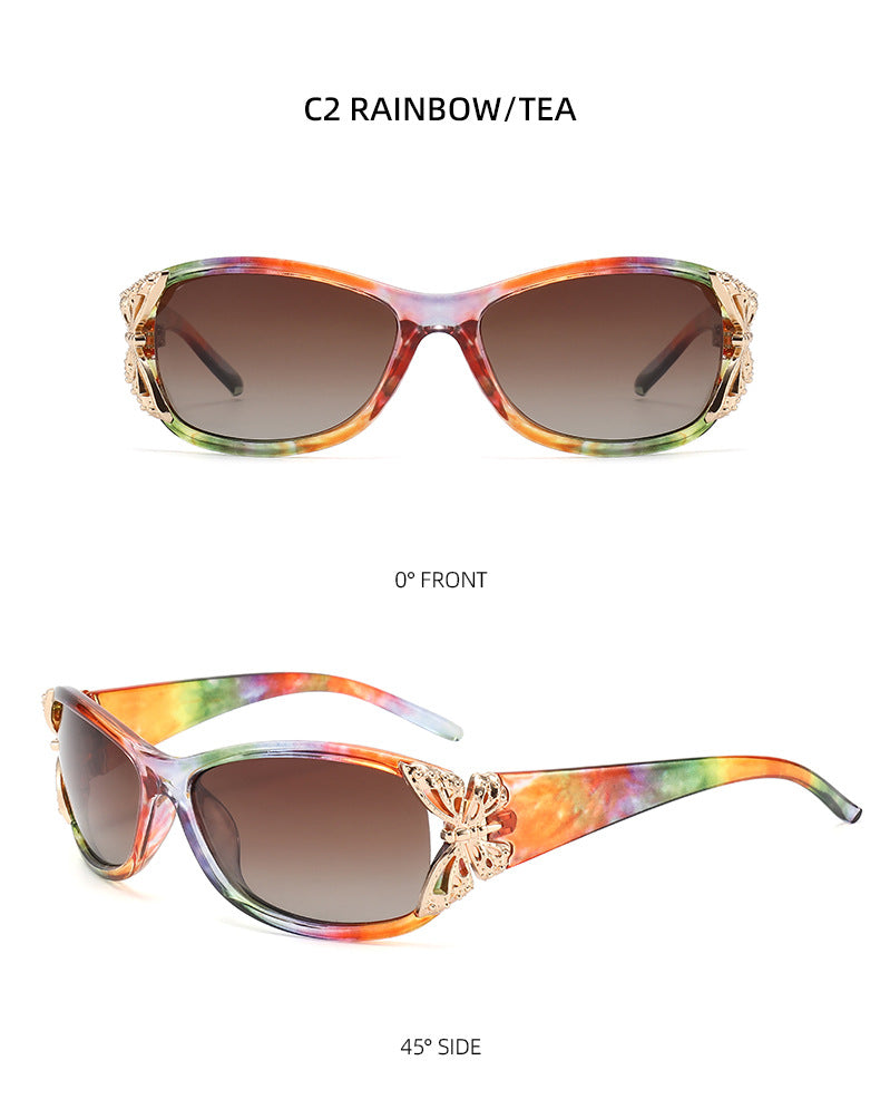 Floral Metal Trim Wrap Sunglasses - RAINBOW_T