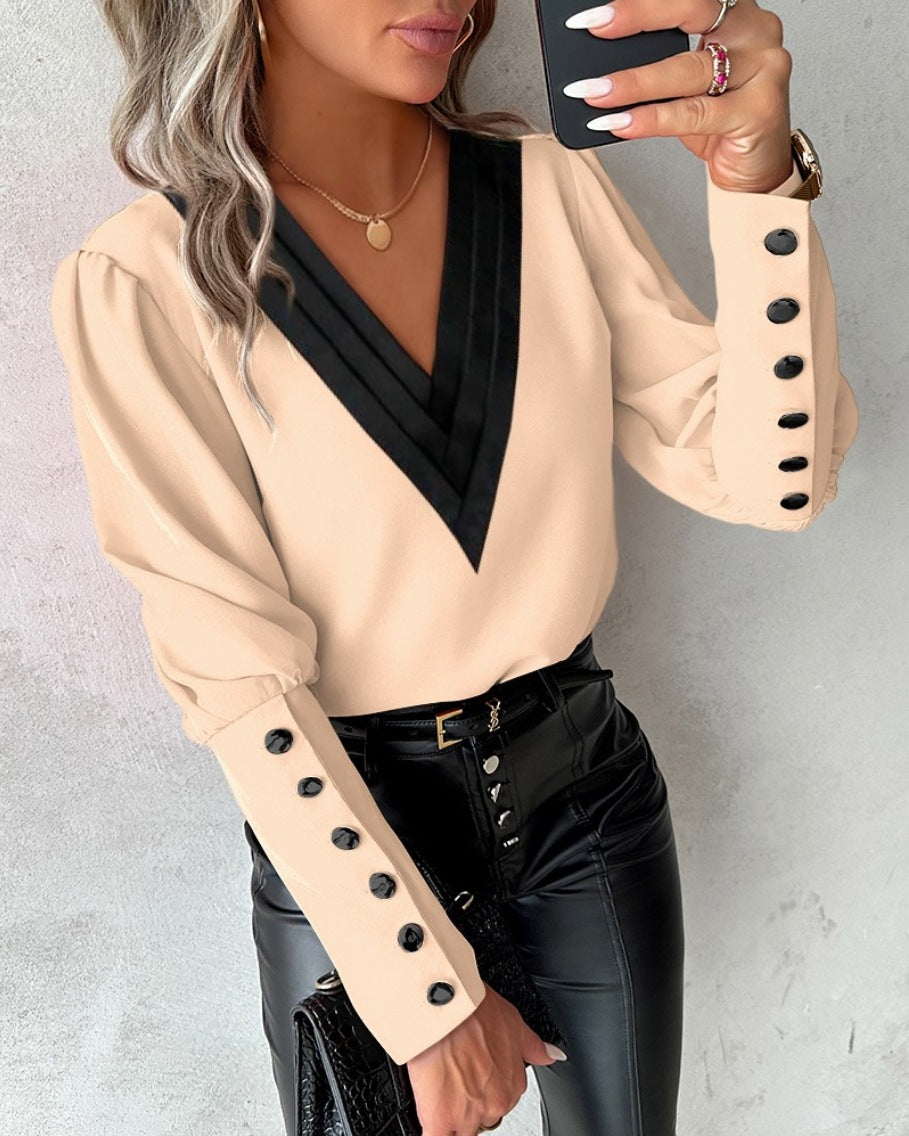 Contrast V Neck Button Cuff Blouse - Apricot