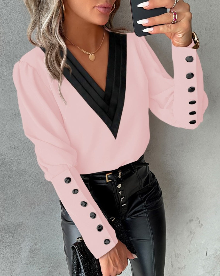 Contrast V Neck Button Cuff Blouse - Pink