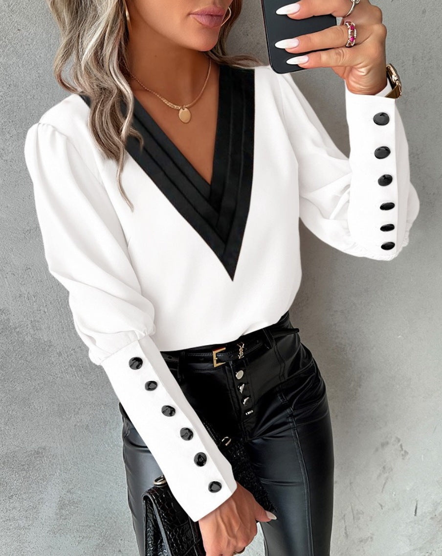 Contrast V Neck Button Cuff Blouse - White