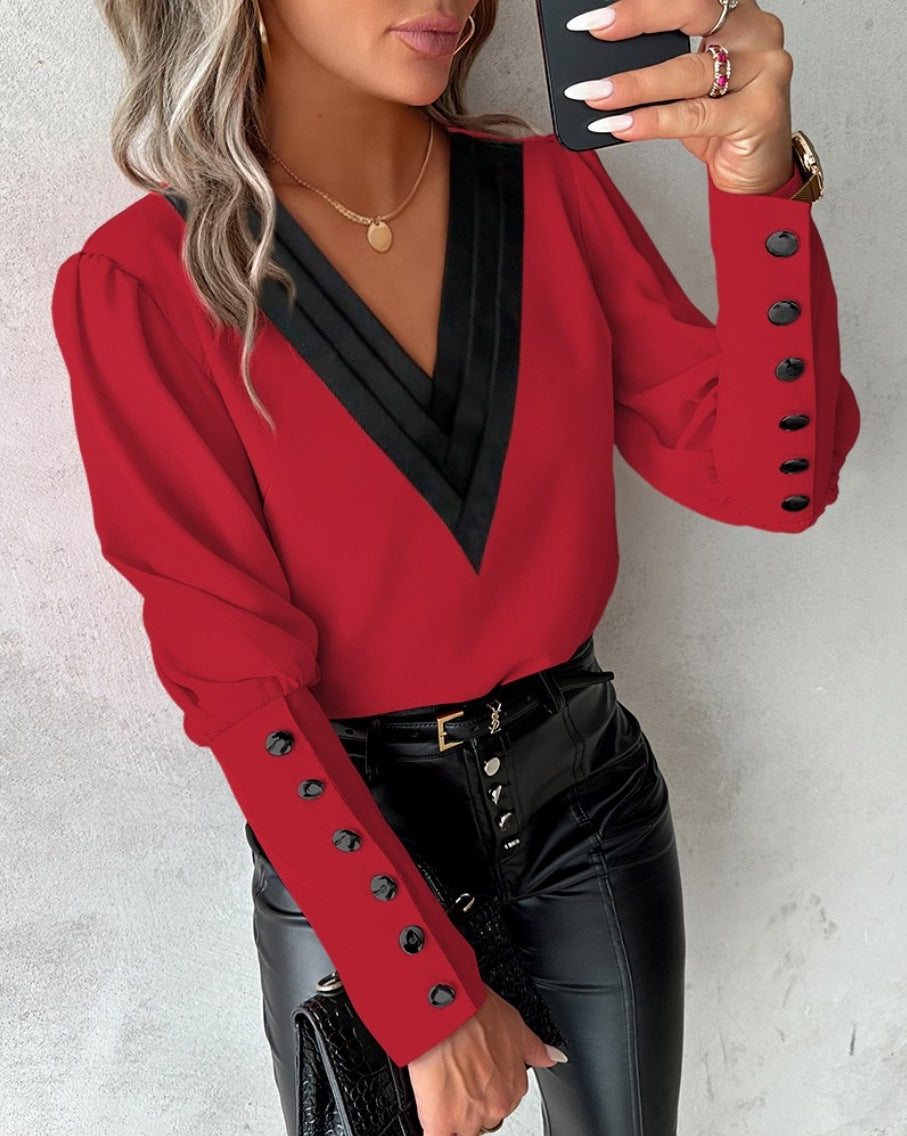 Contrast V Neck Button Cuff Blouse - Winered