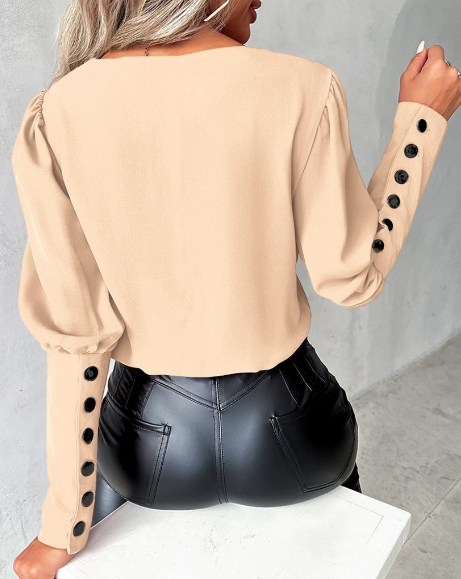 Contrast V Neck Button Cuff Blouse
