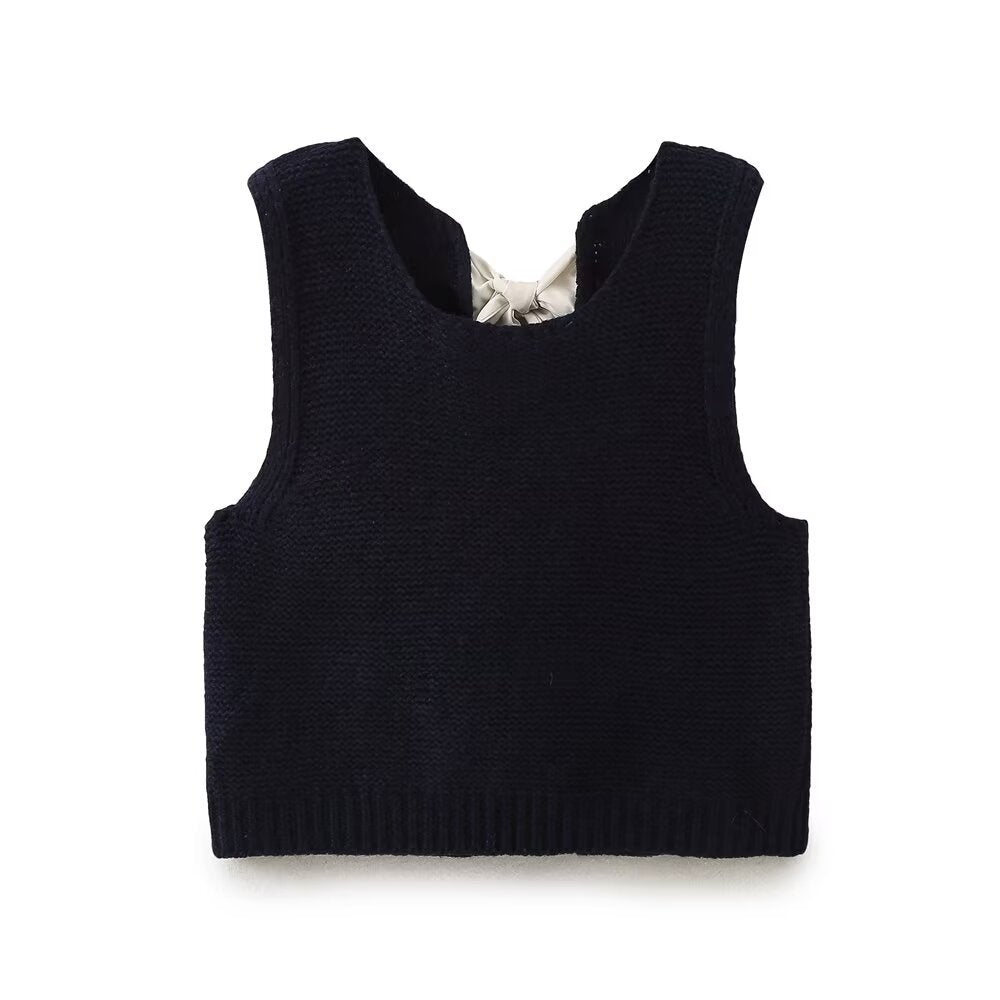 Ribbon Bow Back Knit Sweater Vest - Black
