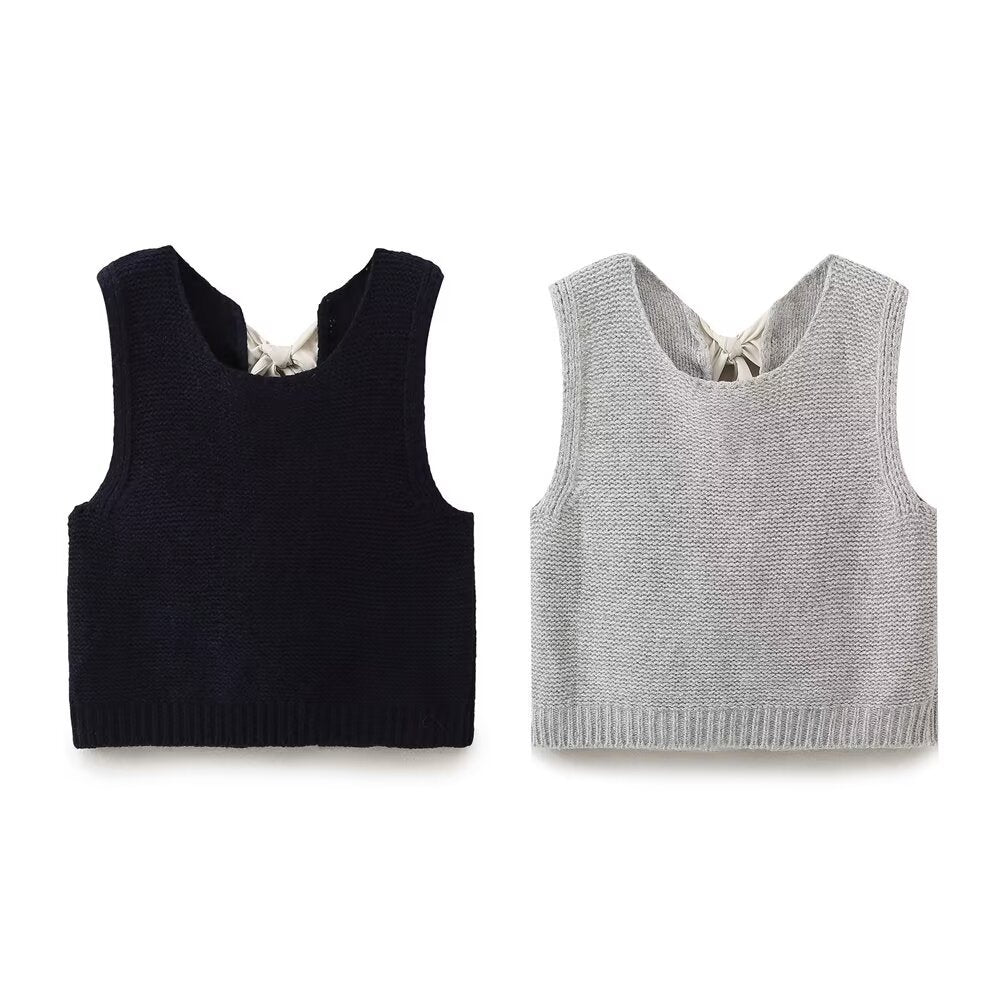 Ribbon Bow Back Knit Sweater Vest - Black - 1