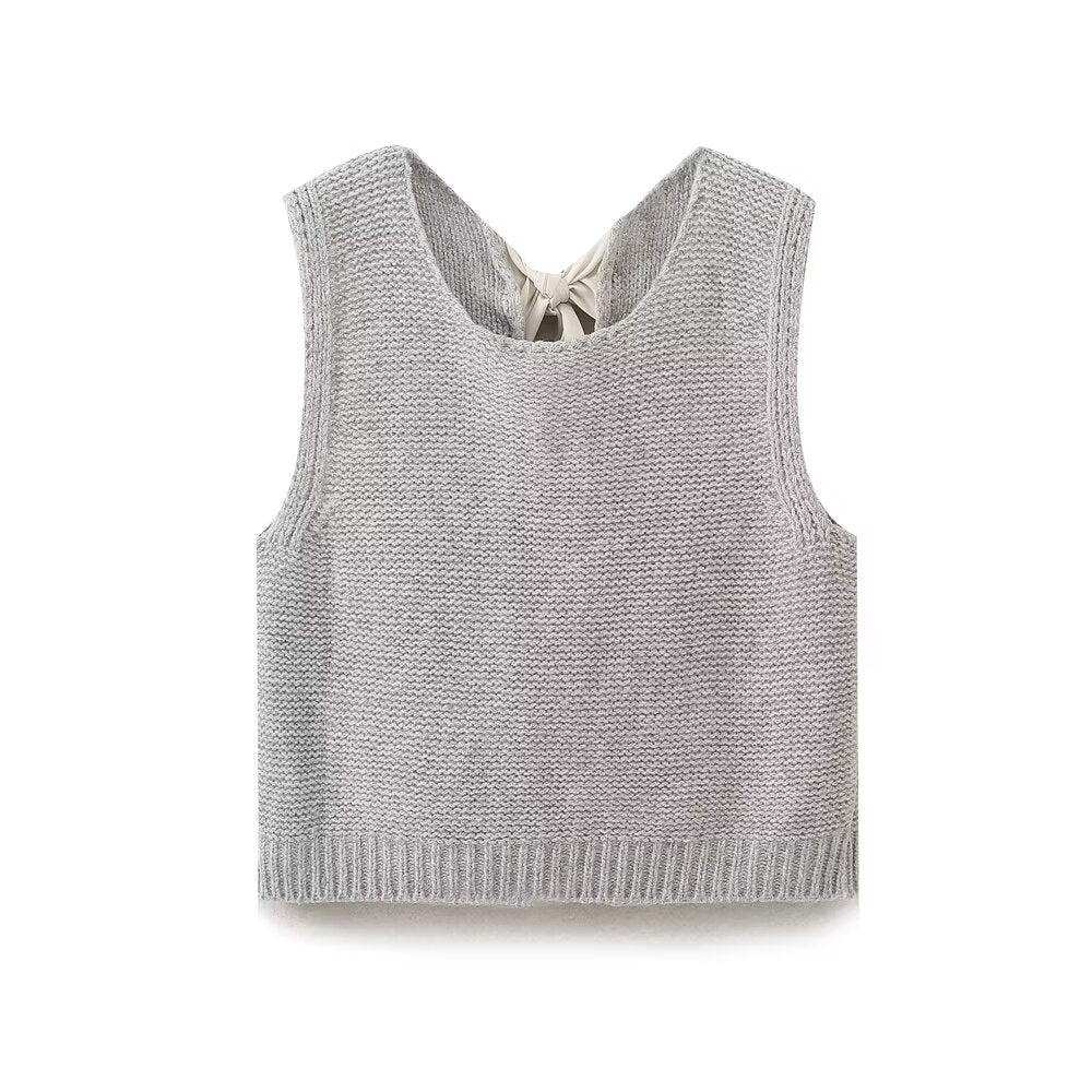 Ribbon Bow Back Knit Sweater Vest - Grey