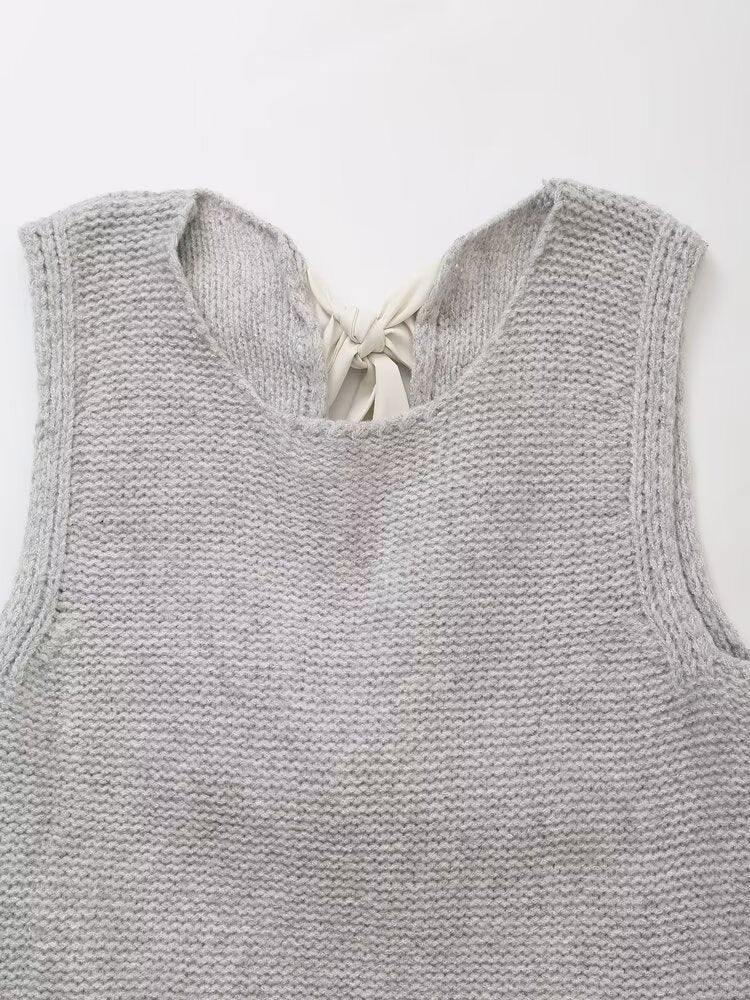 Ribbon Bow Back Knit Sweater Vest - Grey - 1