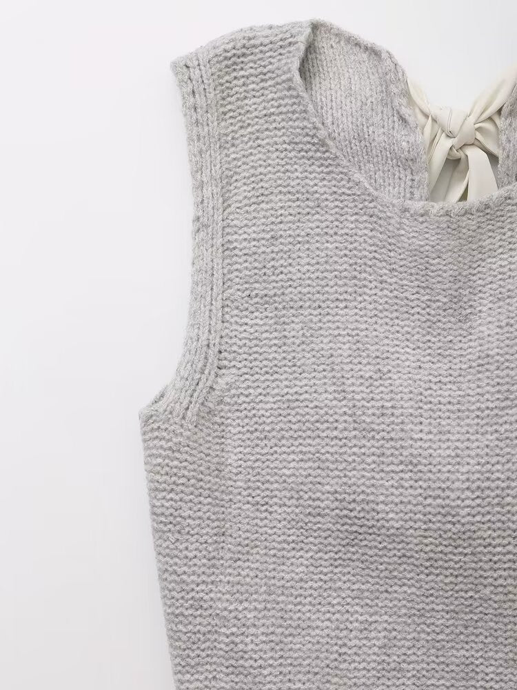 Ribbon Bow Back Knit Sweater Vest - Grey - 6
