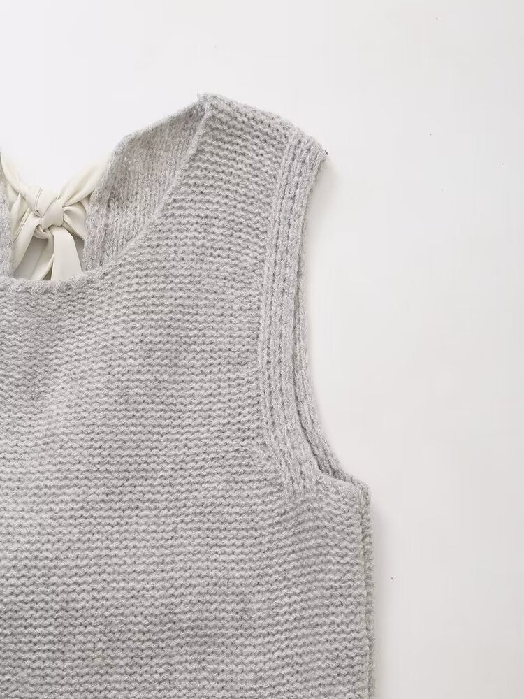Ribbon Bow Back Knit Sweater Vest - Grey - 7