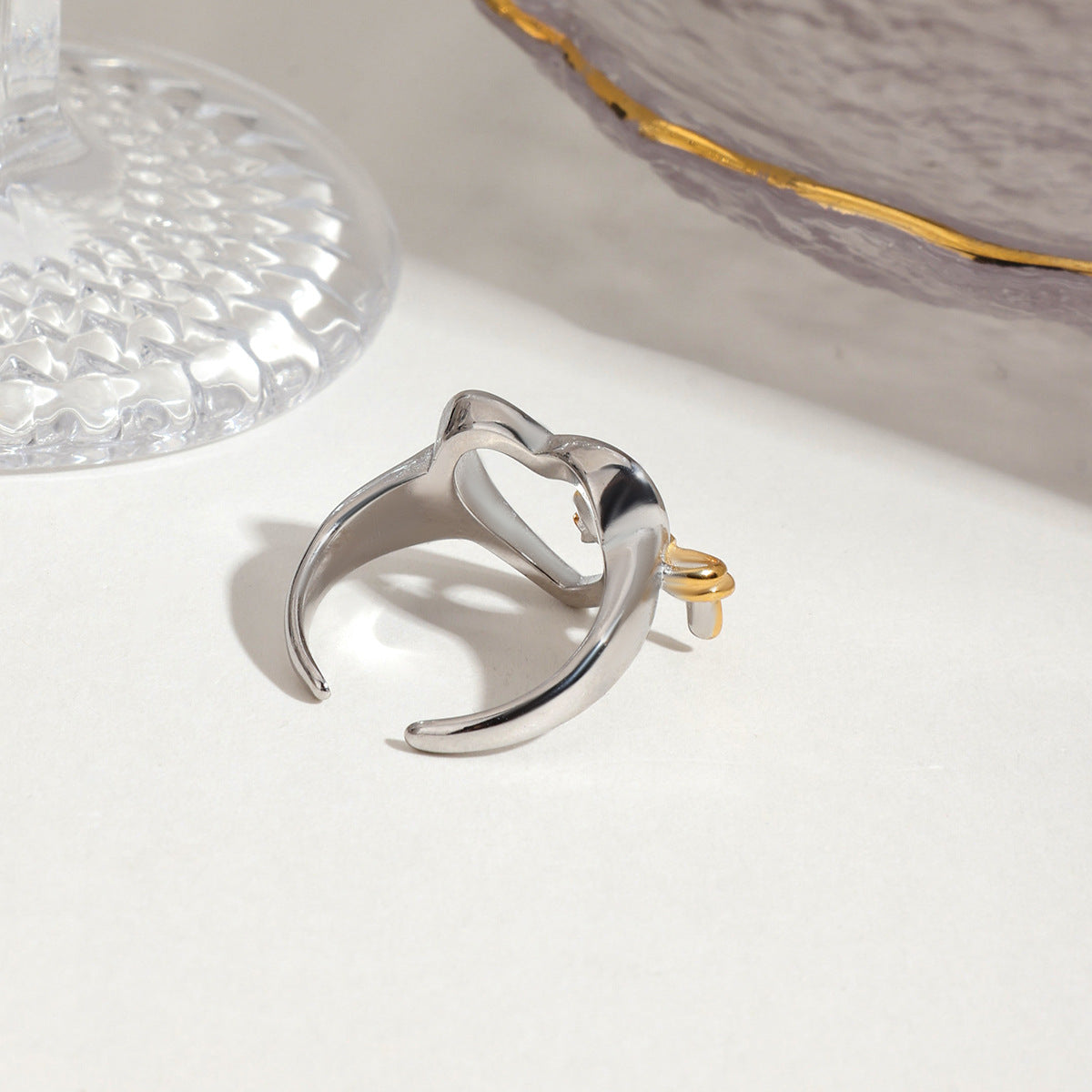 Heart Cutout Bow Open Ring - Silvery - 2