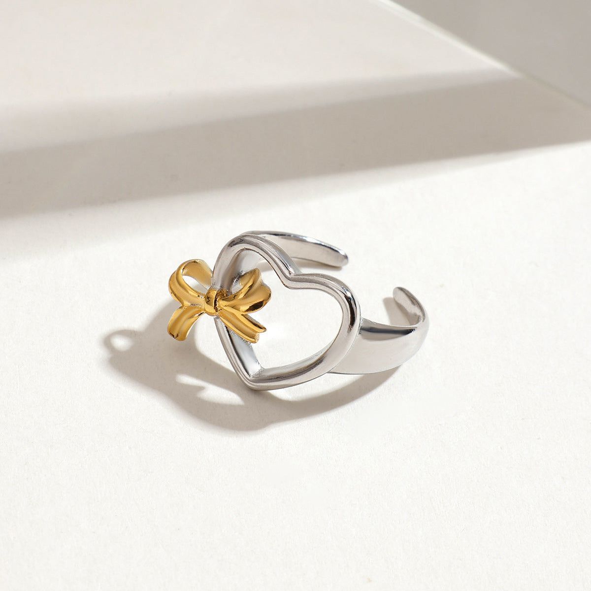 Heart Cutout Bow Open Ring - Silvery - 3