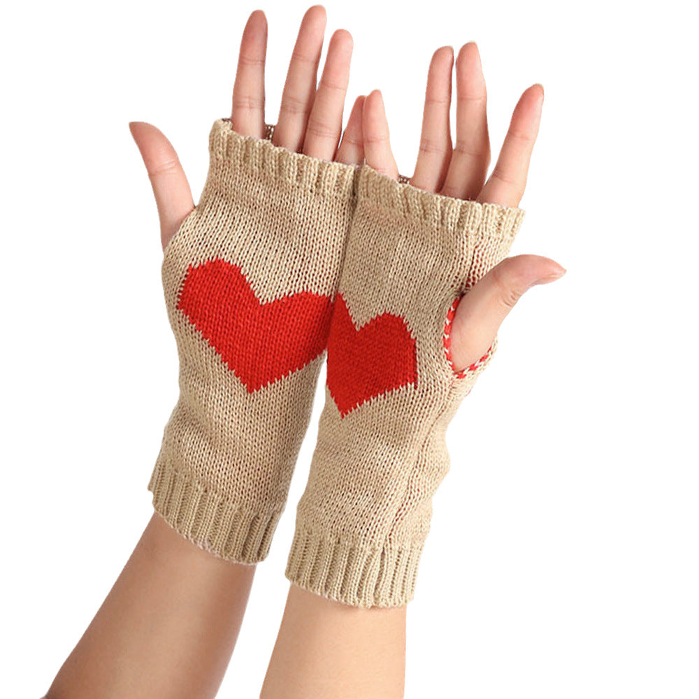 Heart Motif Fingerless Knit Gloves - Beige