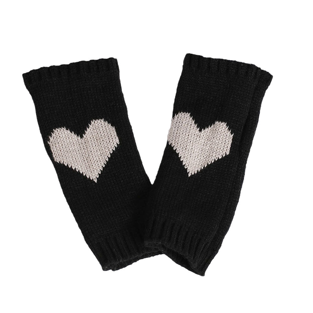 Heart Motif Fingerless Knit Gloves - Black