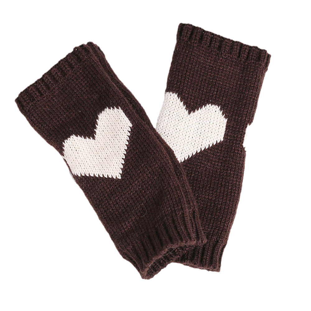 Heart Motif Fingerless Knit Gloves - Coffee