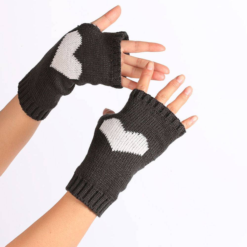 Heart Motif Fingerless Knit Gloves - DarkGrey