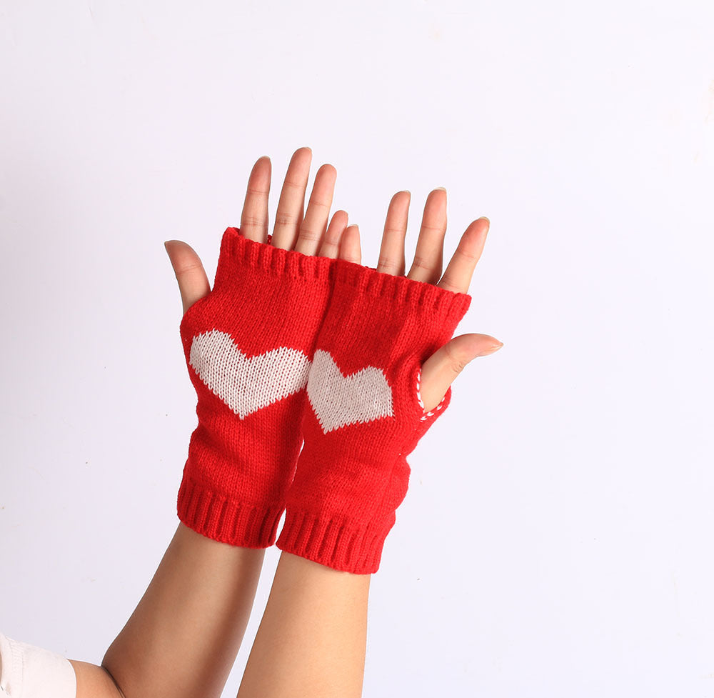 Heart Motif Fingerless Knit Gloves - Red