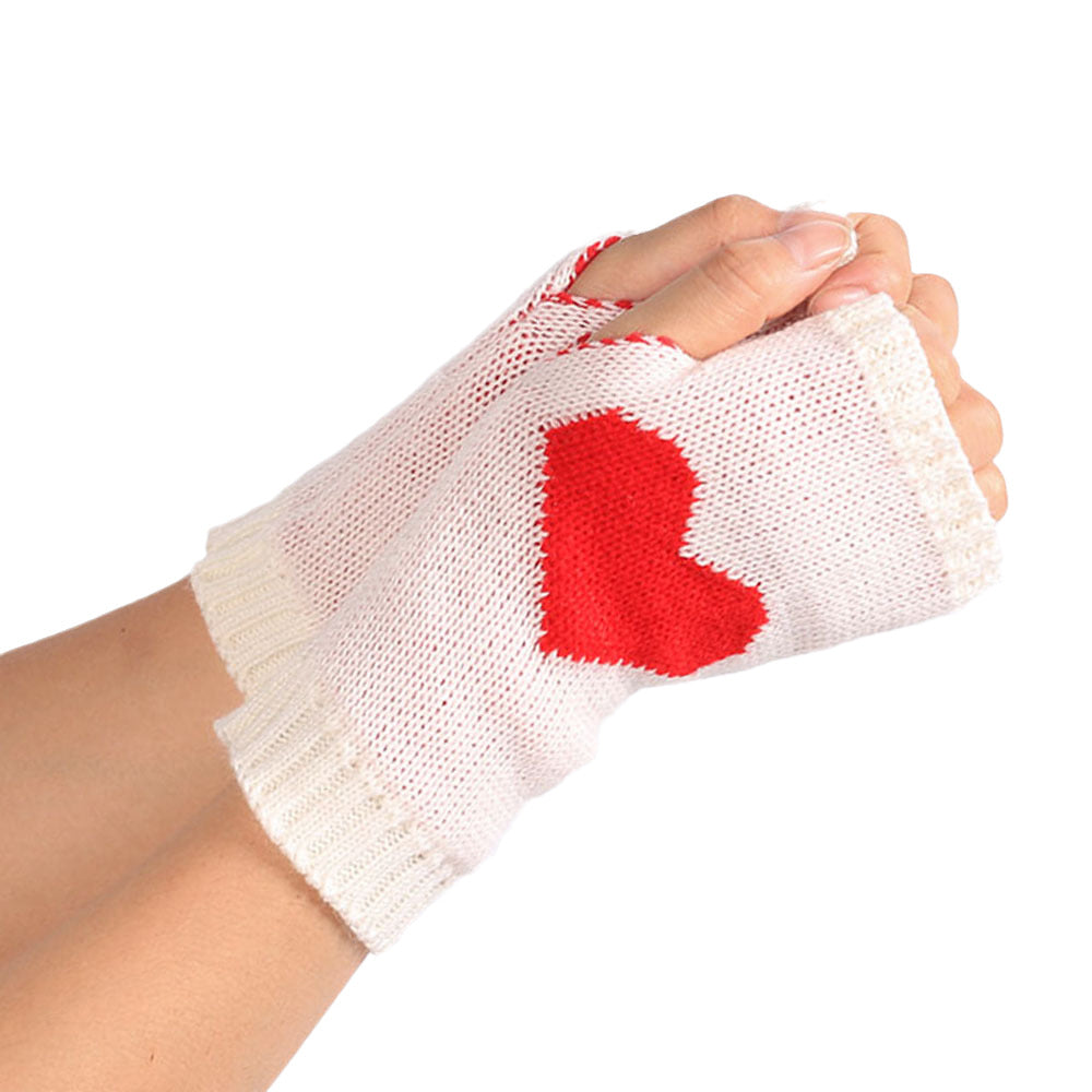 Heart Motif Fingerless Knit Gloves - White