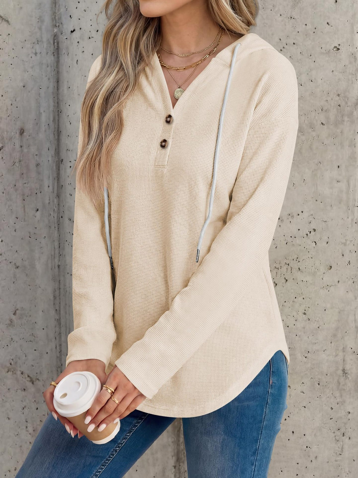 Henley Button Placket Drawstring Hoodie - Apricot