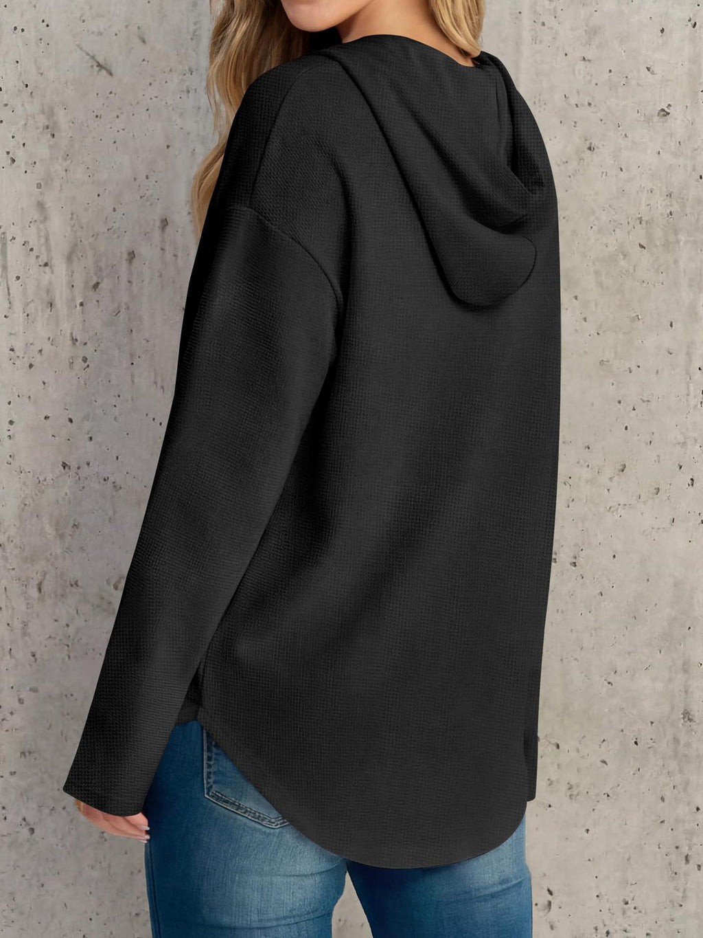 Henley Button Placket Drawstring Hoodie - Black - 1