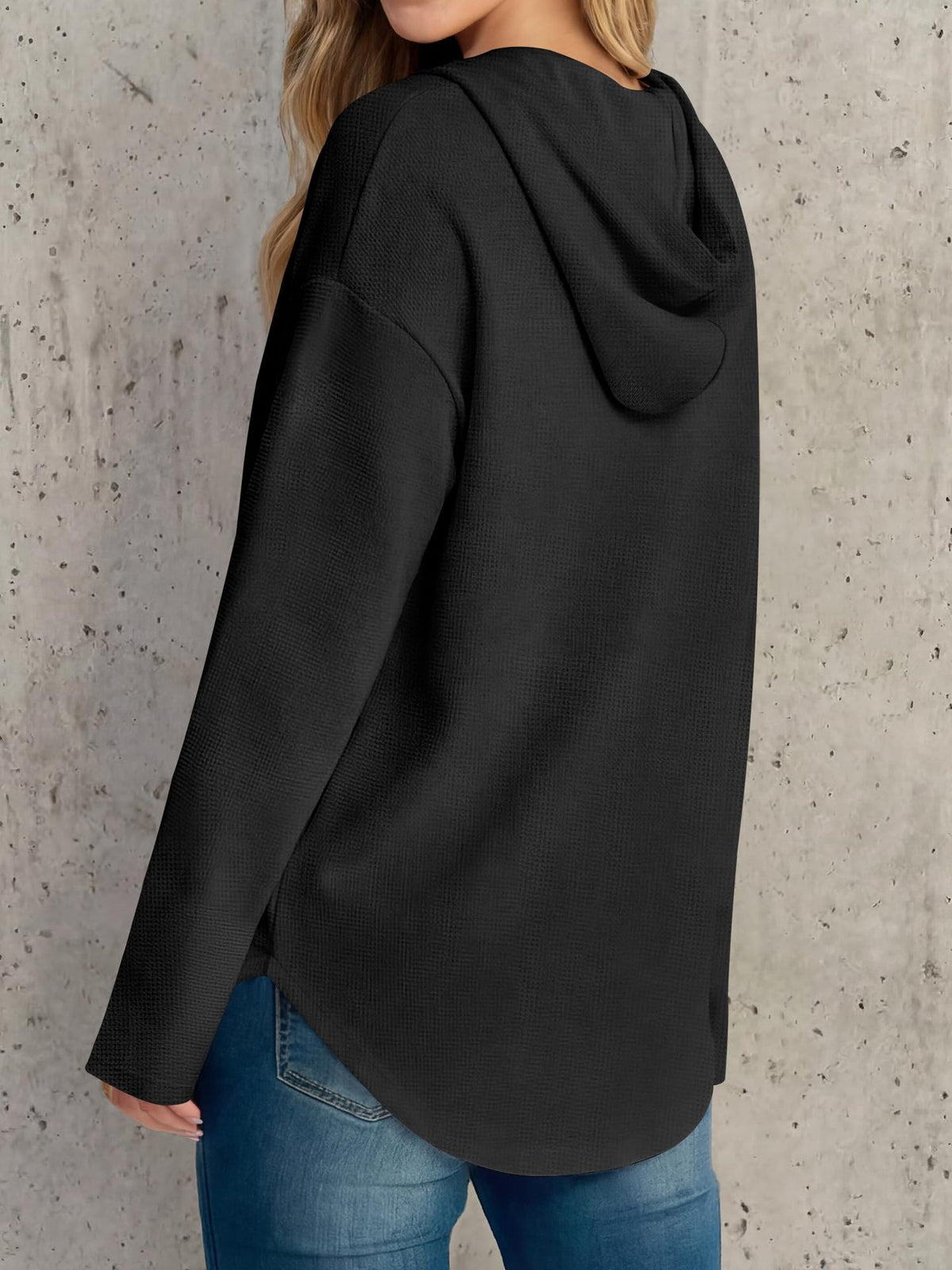 Henley Button Placket Drawstring Hoodie - Black - 1