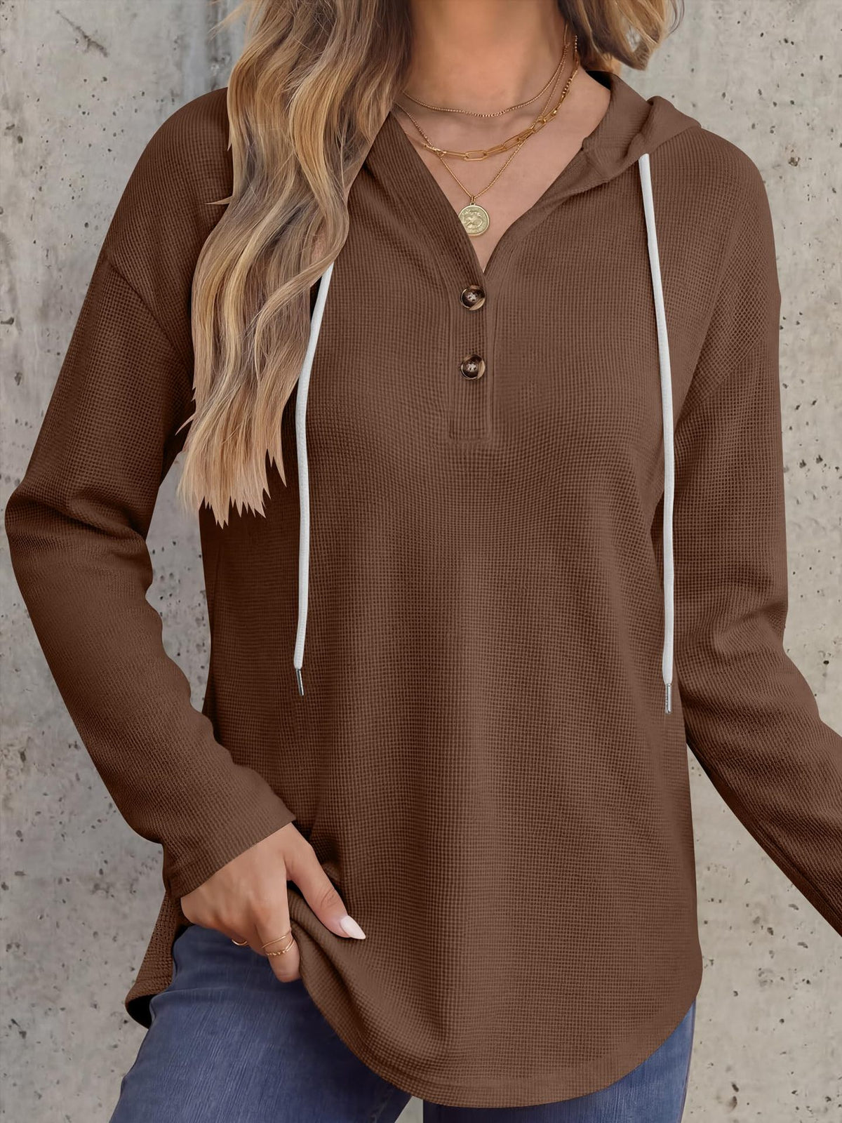 Henley Button Placket Drawstring Hoodie - Coffee