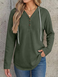 Henley Button Placket Drawstring Hoodie - Green