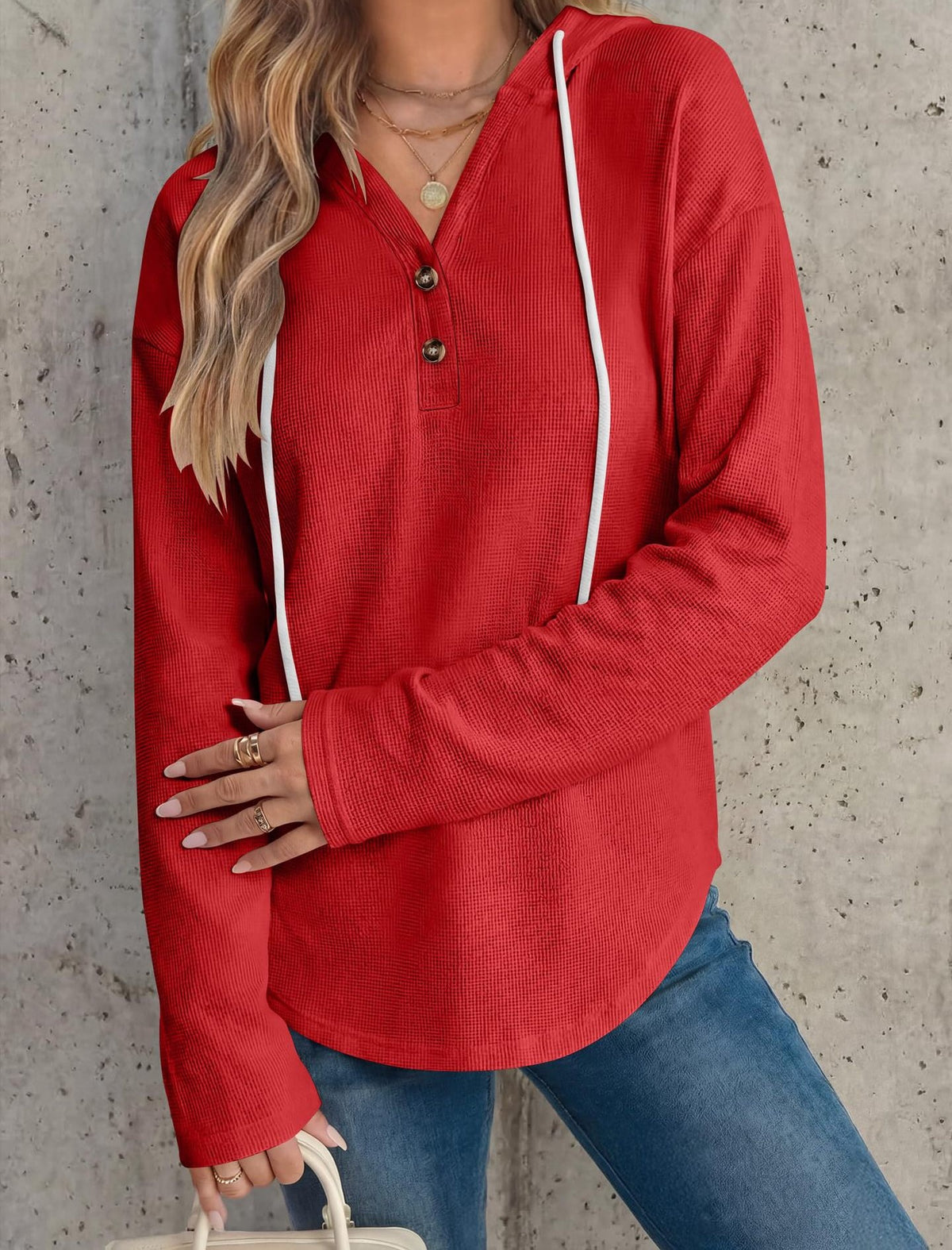 Henley Button Placket Drawstring Hoodie - Red