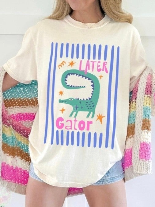 Alligator Graphic Boxy Tee With Curved Hem - Beige