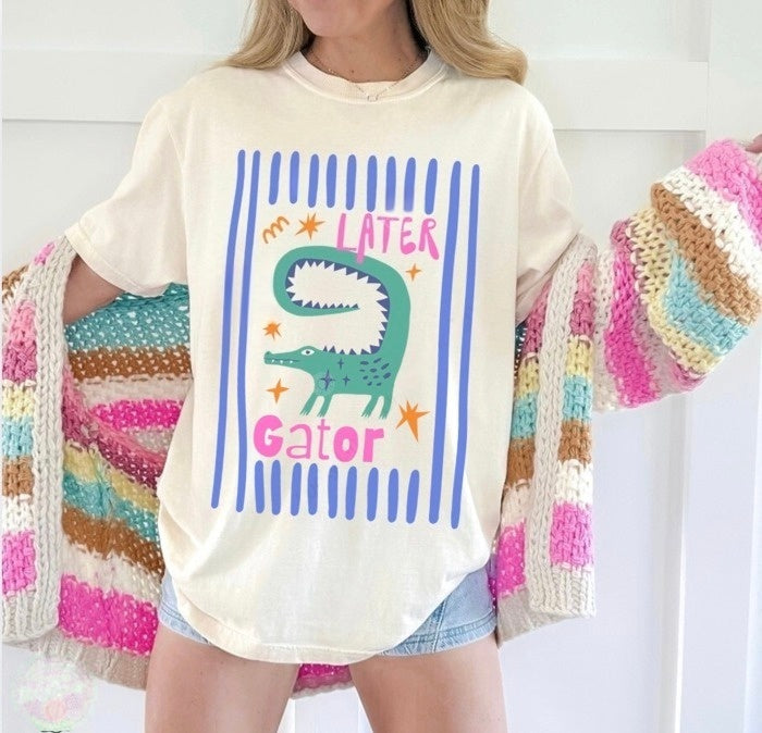 Alligator Graphic Boxy Tee With Curved Hem - Beige - 1