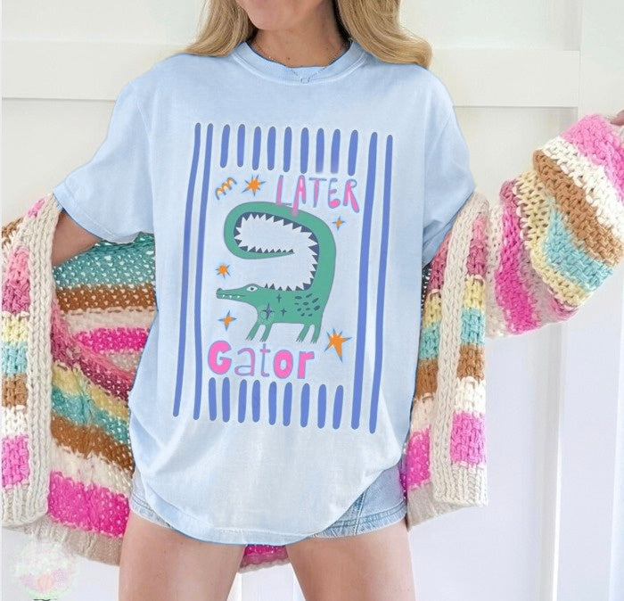 Alligator Graphic Boxy Tee With Curved Hem - Blue