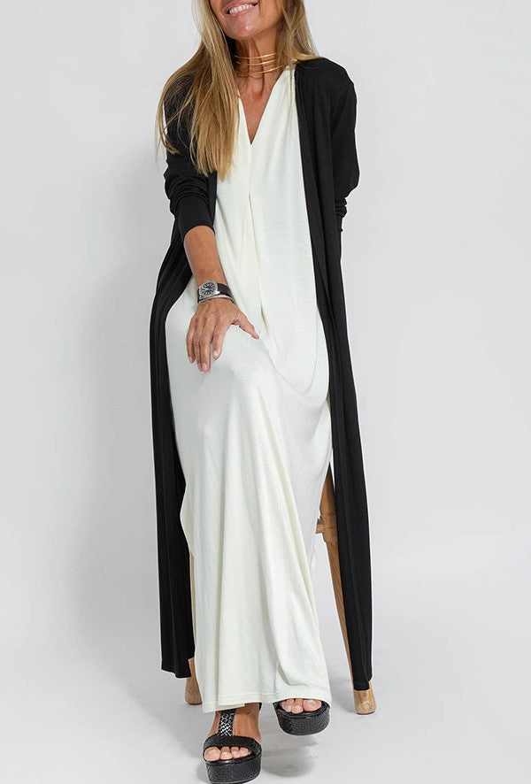 Side Slit Maxi Length Duster Cardigan - Black