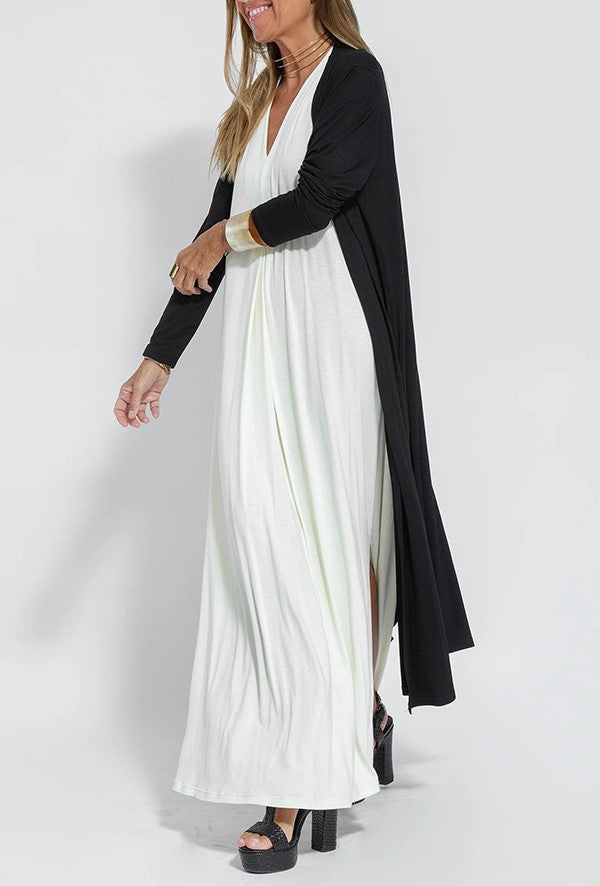 Side Slit Maxi Length Duster Cardigan - Black - 1