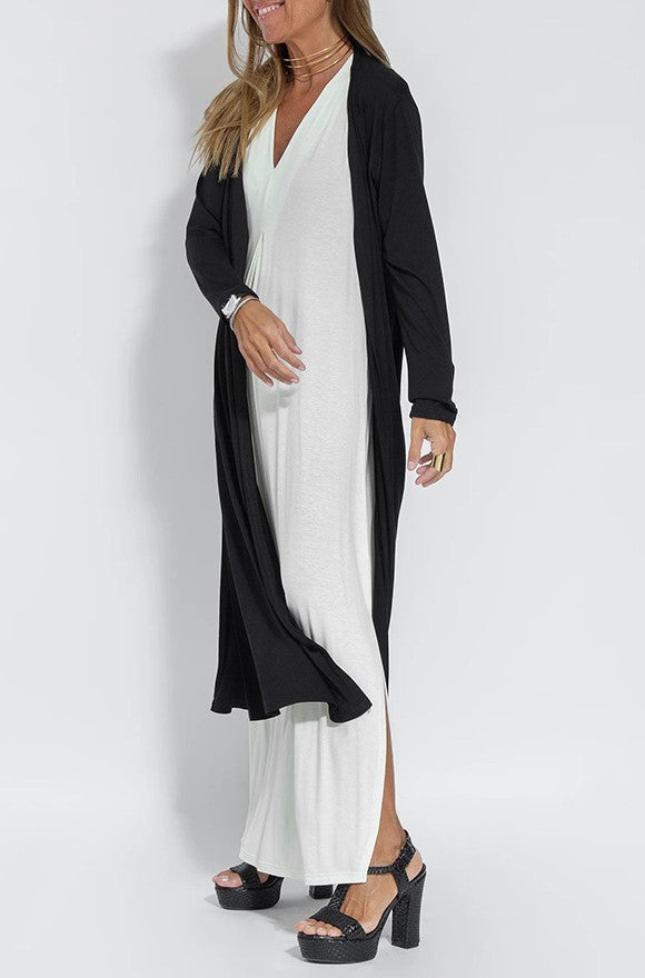 Side Slit Maxi Length Duster Cardigan - Black - 2