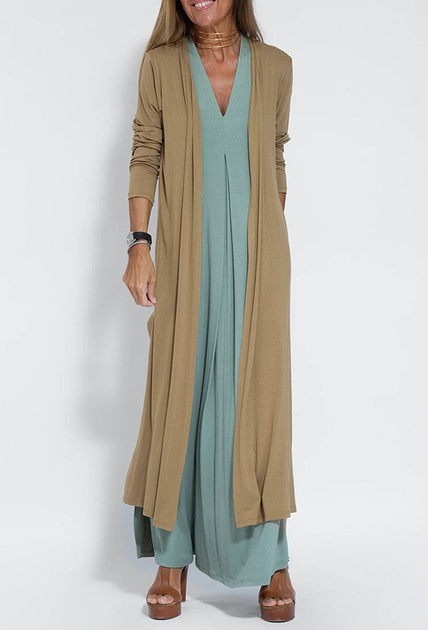 Side Slit Maxi Length Duster Cardigan - Khaki
