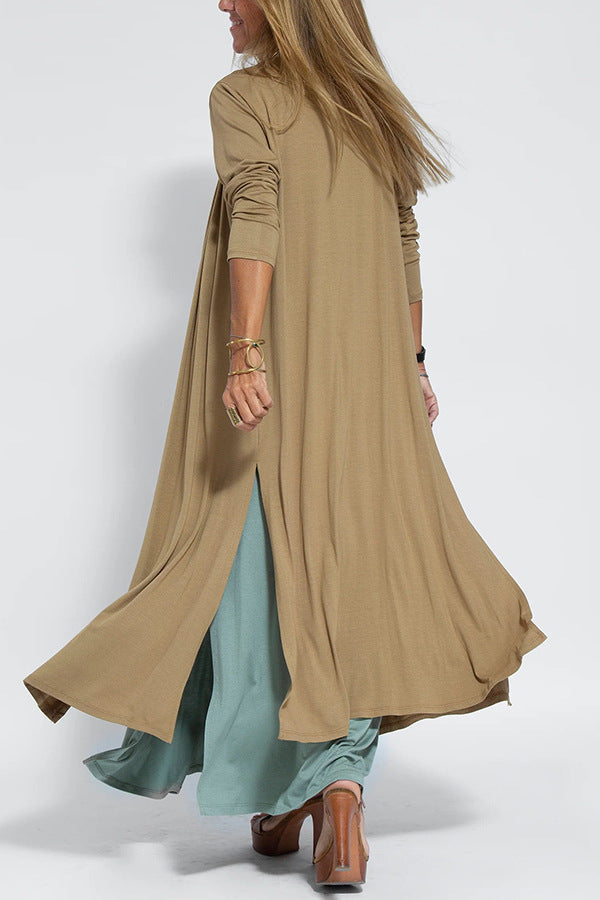 Side Slit Maxi Length Duster Cardigan - Khaki - 1