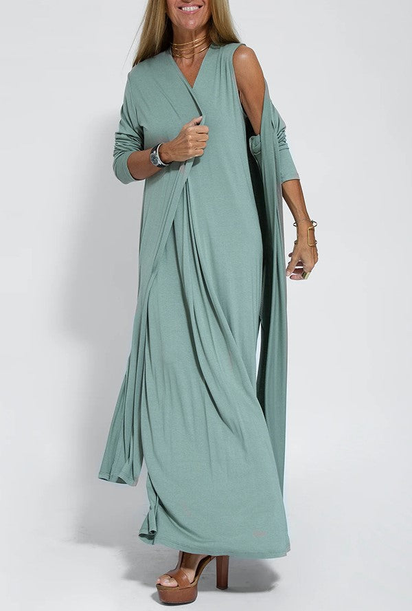 Side Slit Maxi Length Duster Cardigan - Teal - 1