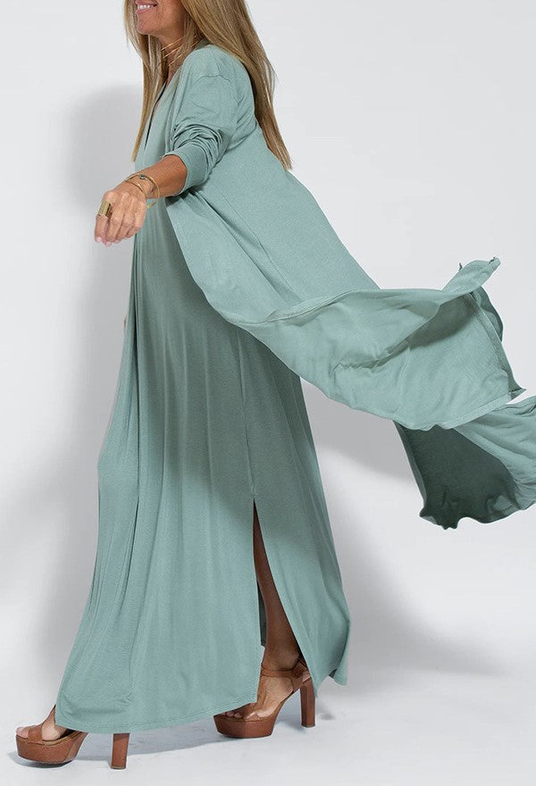 Side Slit Maxi Length Duster Cardigan - Teal - 2