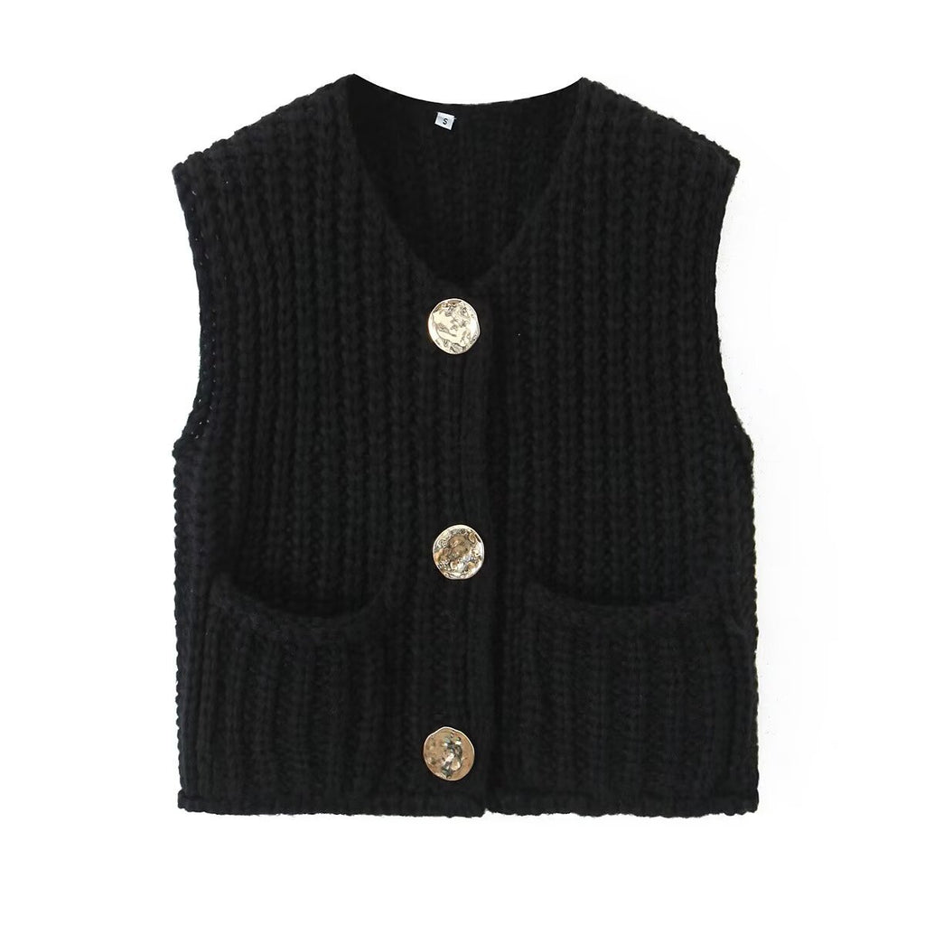 Chunky Knit Sleeveless Cardigan With Pockets - Black