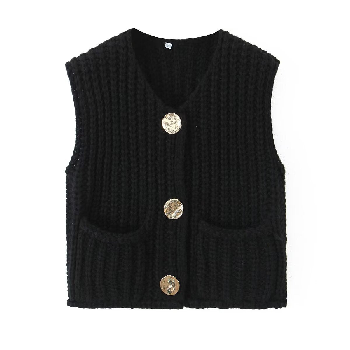 Chunky Knit Sleeveless Cardigan With Pockets - Black