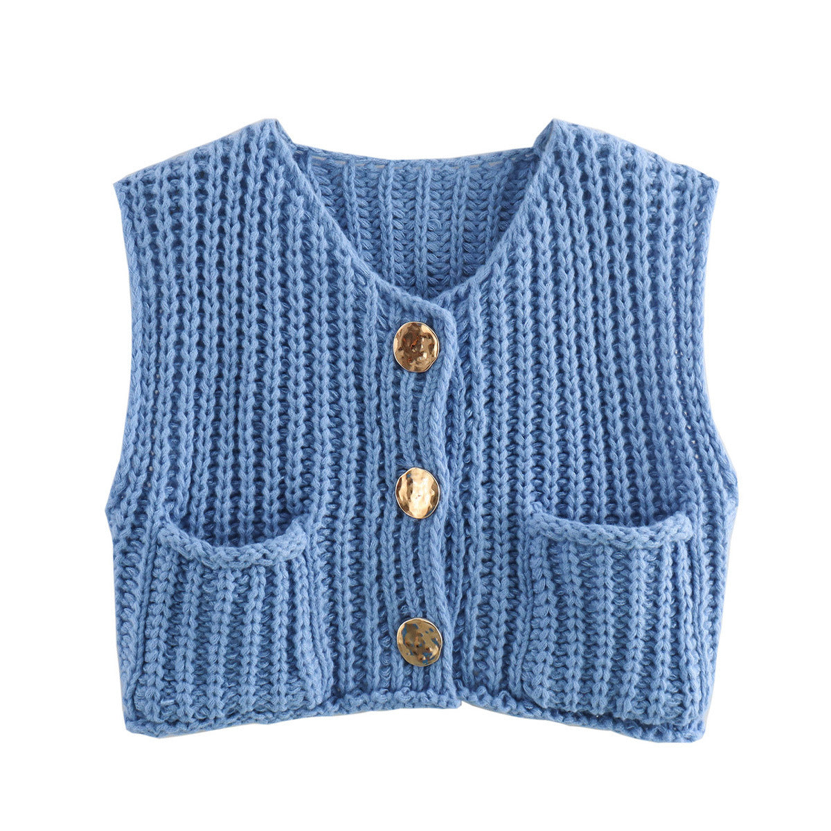 Chunky Knit Sleeveless Cardigan With Pockets - Blue