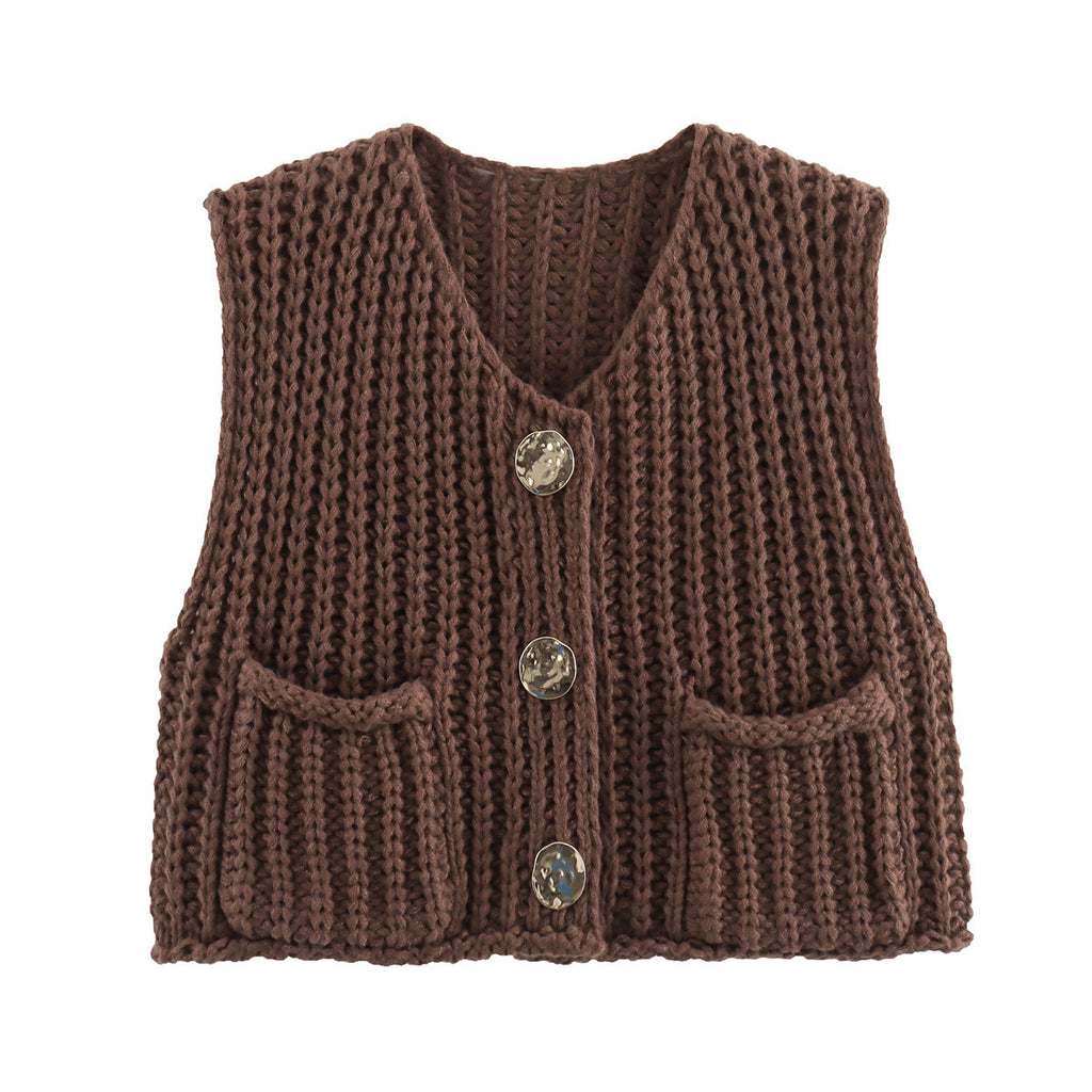 Chunky Knit Sleeveless Cardigan With Pockets - Coffee