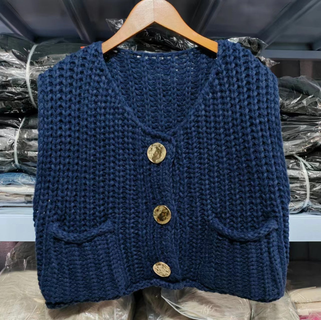Chunky Knit Sleeveless Cardigan With Pockets - Navy