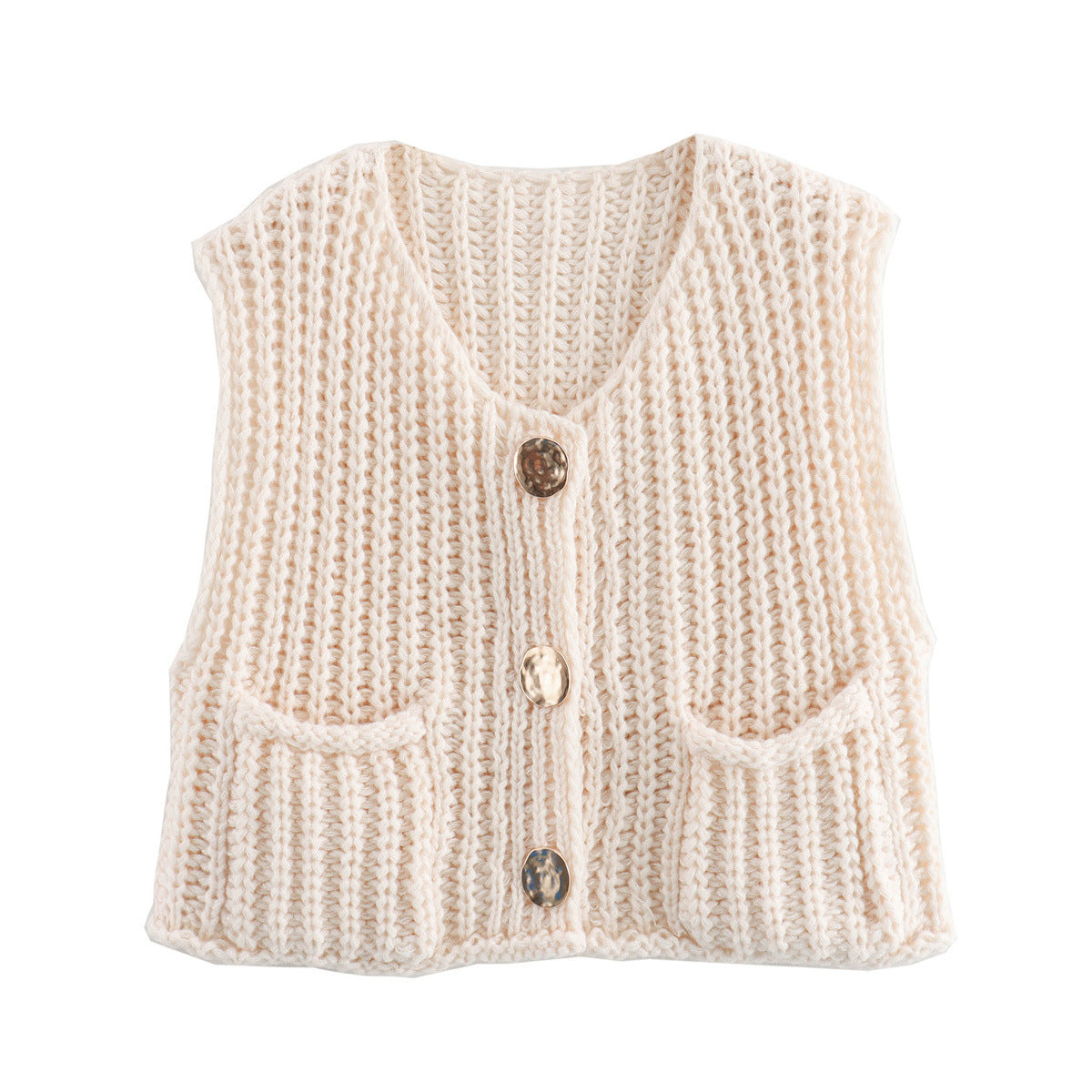 Chunky Knit Sleeveless Cardigan With Pockets - Offwhite