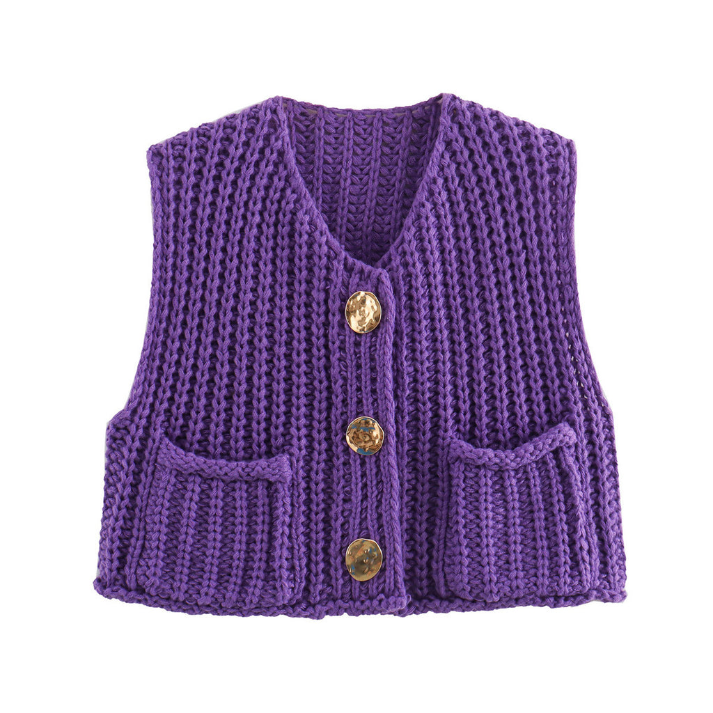 Chunky Knit Sleeveless Cardigan With Pockets - Purple