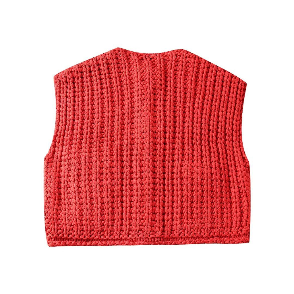 Chunky Knit Sleeveless Cardigan With Pockets - Red - 2