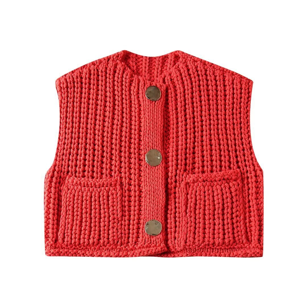 Chunky Knit Sleeveless Cardigan With Pockets - Red - 3