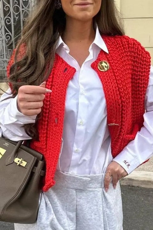 Chunky Knit Sleeveless Cardigan With Pockets - Red - 4