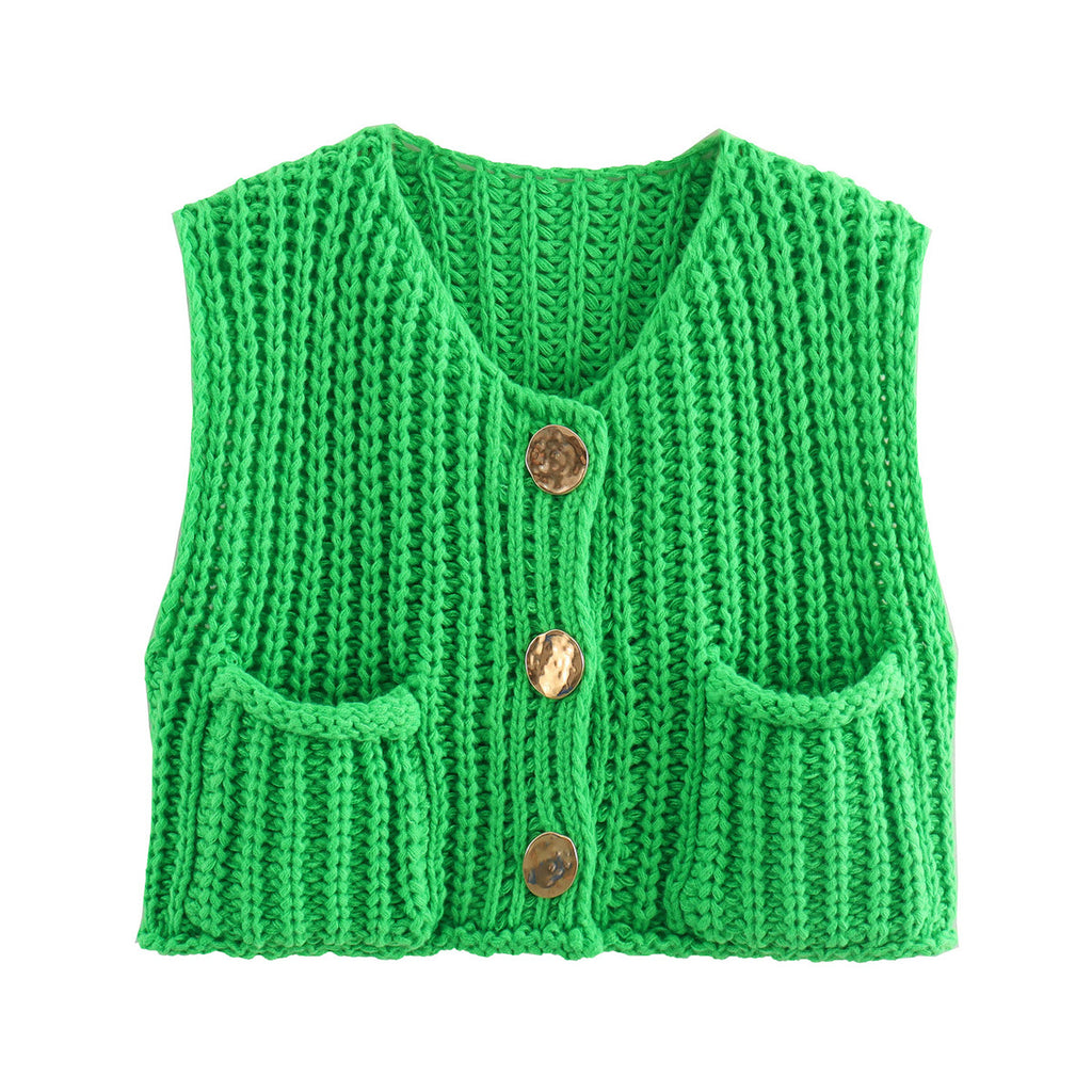 Chunky Knit Sleeveless Cardigan With Pockets - green