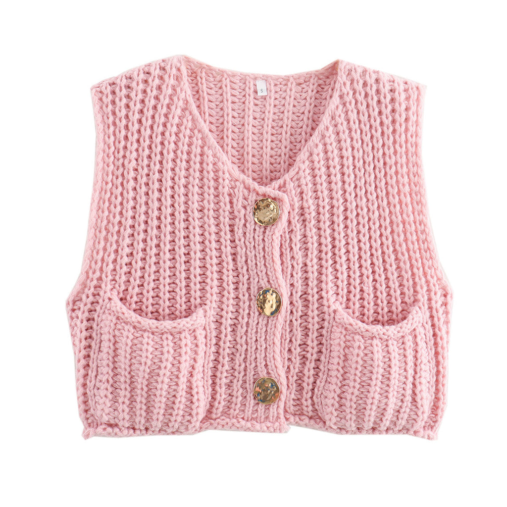Chunky Knit Sleeveless Cardigan With Pockets - pink