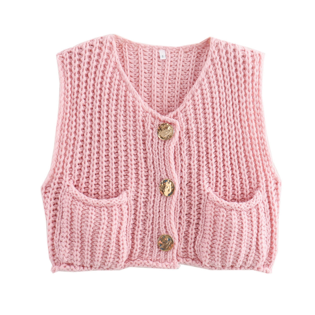 Chunky Knit Sleeveless Cardigan With Pockets - pink